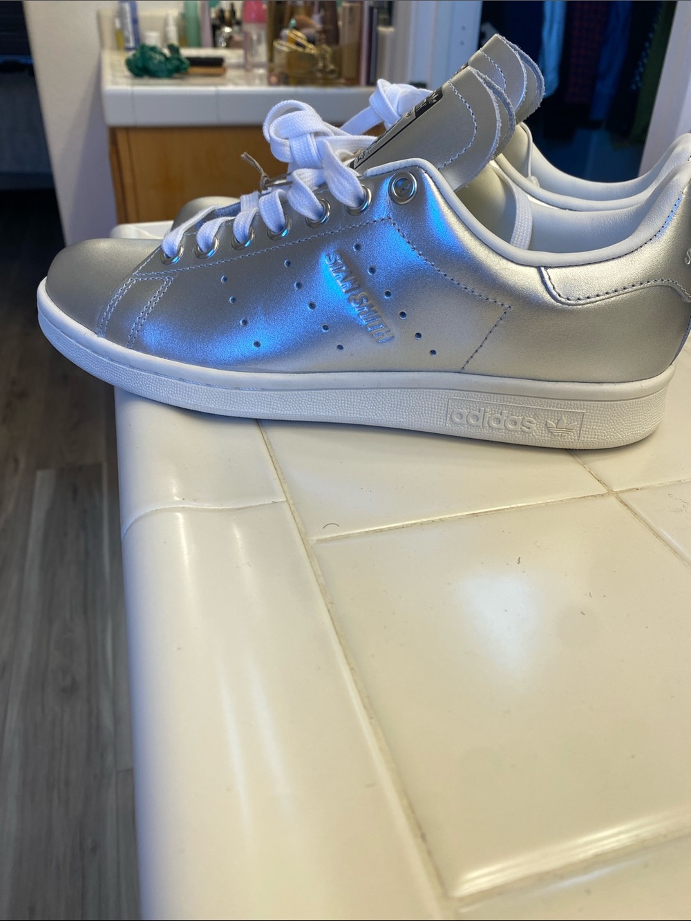 adidas Silver Metallic Stan Smith Sneakers with White Laces - Picture 3 of 7